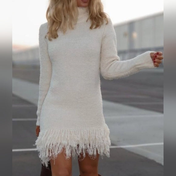 Ivory Sweater Dress with Fringe Hem - Picture 1 of 8
